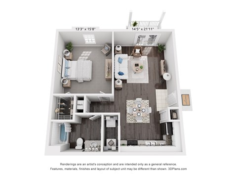 A 3D floor plan of a small apartment with a kitchen, living room, and bathroom.
